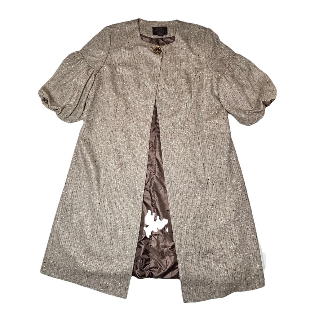 ASHRO Wool Blend Herringbone Tweed Coat Womens 22 Puff Sleeve Swing Jacket